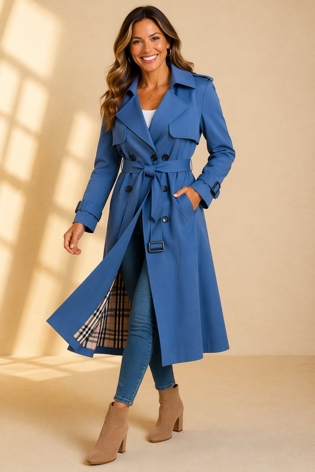 Double-Breasted Belted Long Trench Coat with Lapel Collar for Women | Uma