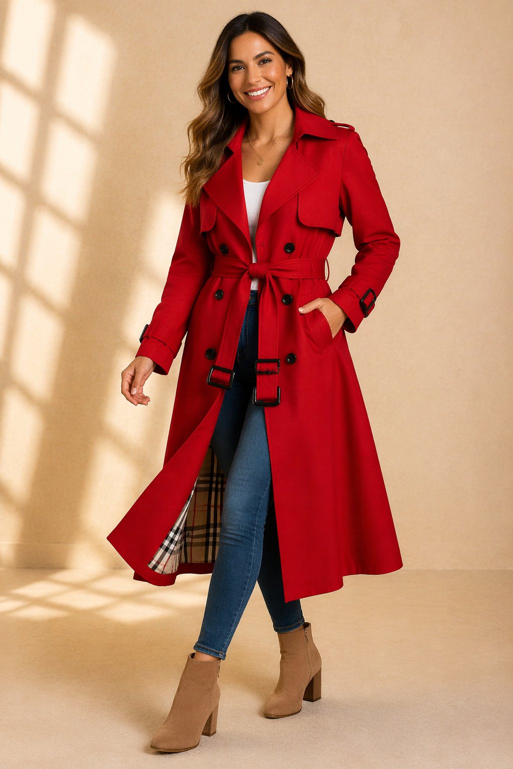 Double-Breasted Belted Long Trench Coat with Lapel Collar for Women | Uma