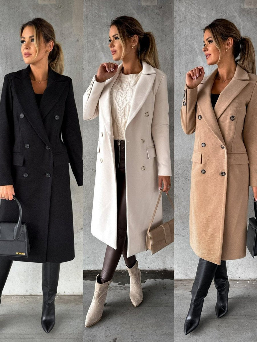 Midi Overcoat Women Double-Breasted Long Sleeve Tailored