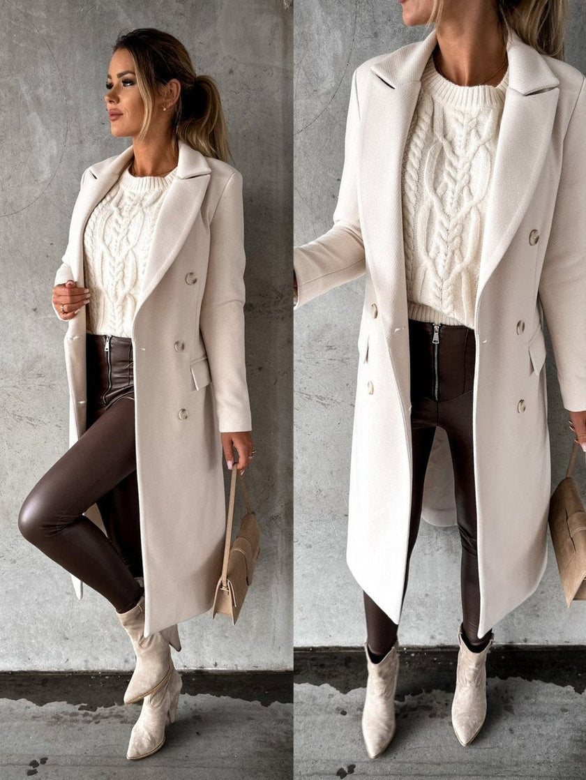 Midi Overcoat Women Double-Breasted Long Sleeve Tailored