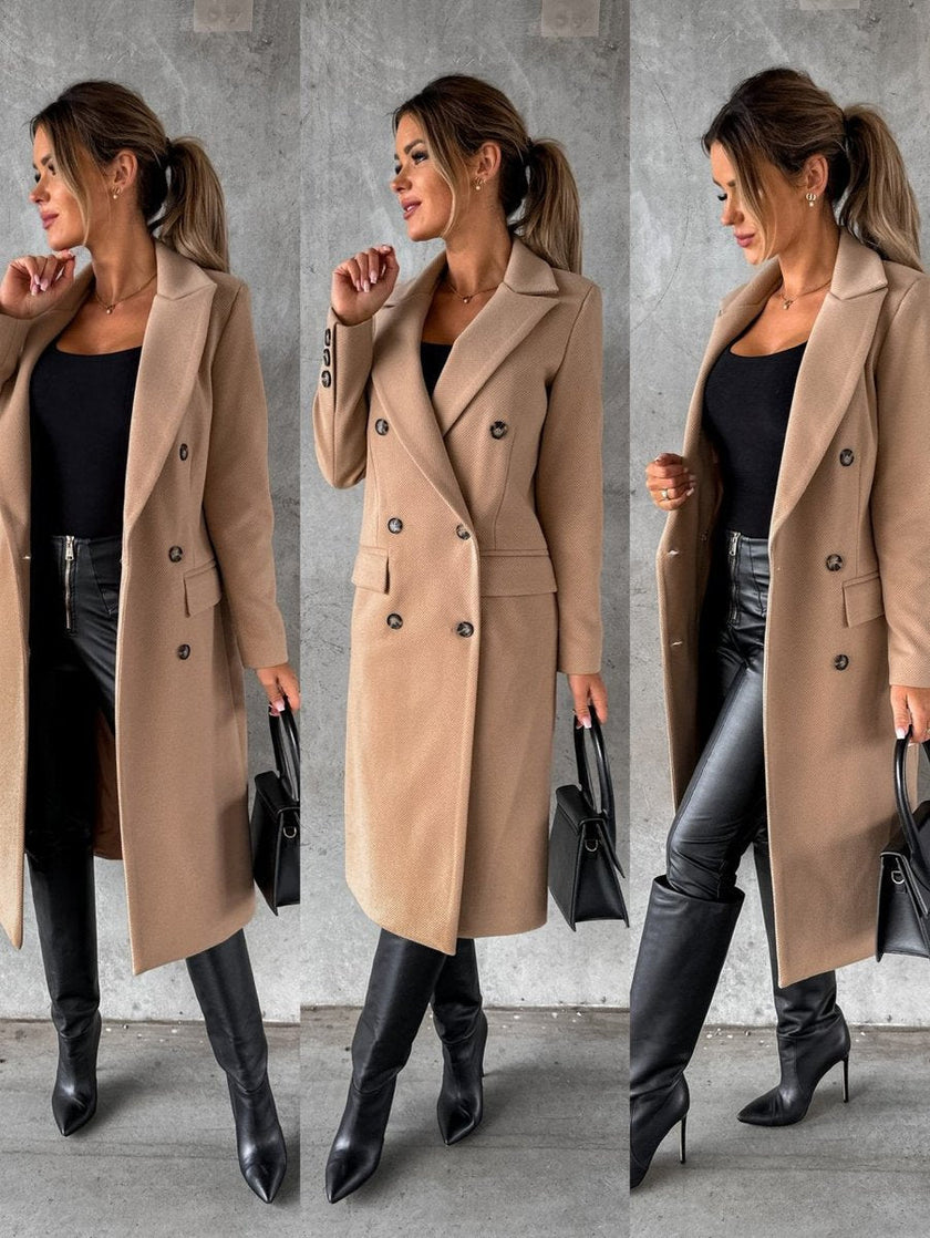 Midi Overcoat Women Double-Breasted Long Sleeve Tailored