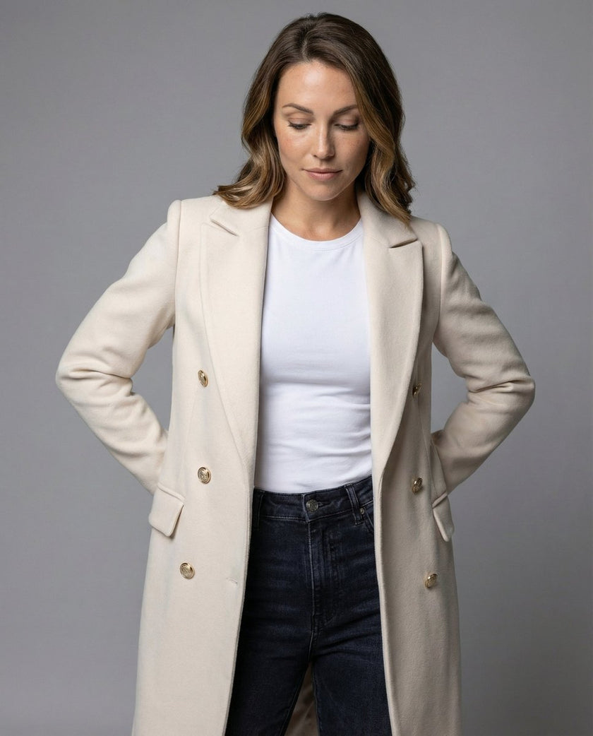 Midi Overcoat Women Double-Breasted Long Sleeve Tailored
