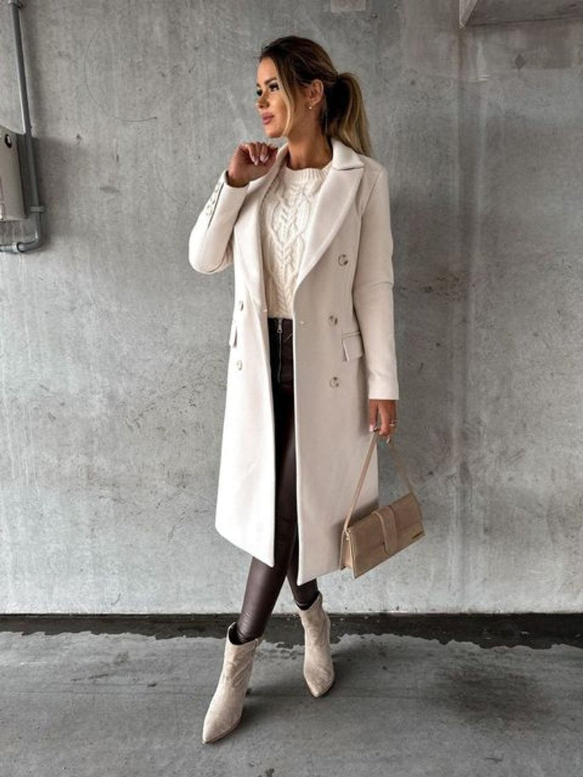 Midi Overcoat Women Double-Breasted Long Sleeve Tailored