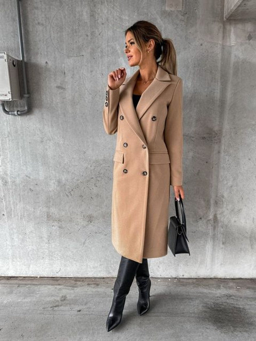 Midi Overcoat Women Double-Breasted Long Sleeve Tailored