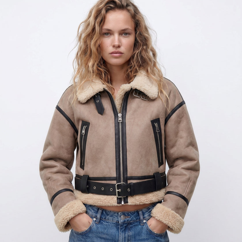 Bomber Jacket Women Shearling Double-Sided Short