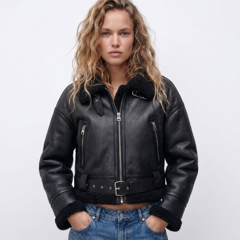 Bomber Jacket Women Shearling Double-Sided Short