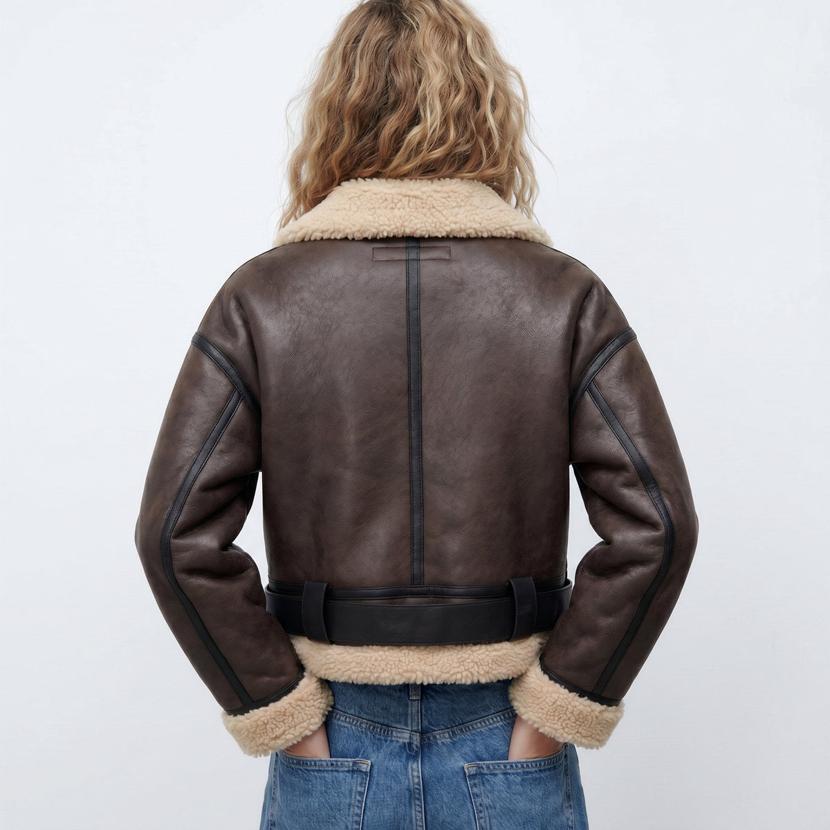 Shearling Jacket Fur Collar Reversible Aviator Bomber Winter Coat | Millie