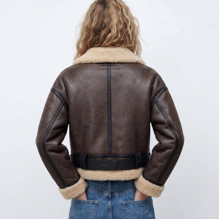 Bomber Jacket Women Shearling Double-Sided Short