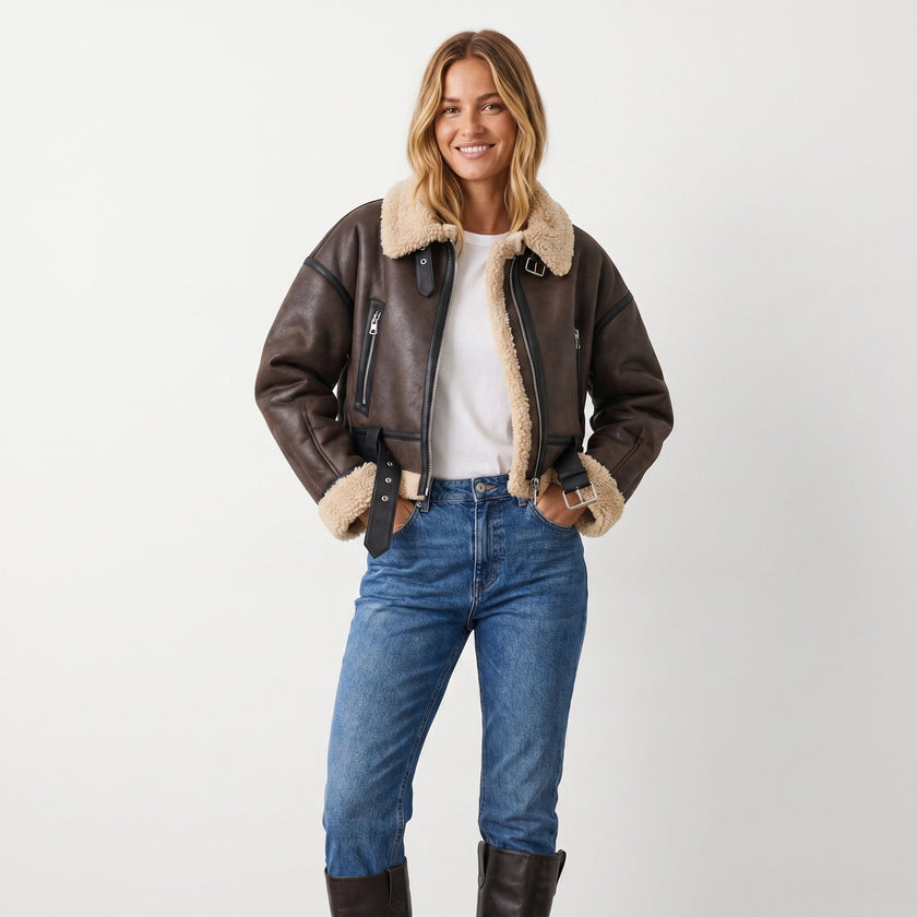 Bomber Jacket Women Shearling Double-Sided Short