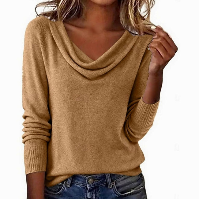 Luna | Women's Draped Cowl Neck Long-Sleeve Knit Sweater with Ribbed for Everyday