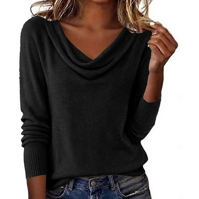 Luna | Women's Draped Cowl Neck Long-Sleeve Knit Sweater with Ribbed for Everyday