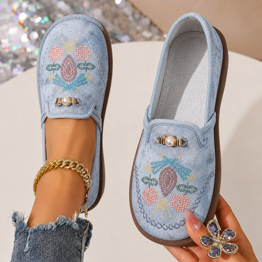 Grace | Women's Embroidered Floral Pearl-Detail Slip-On Loafers