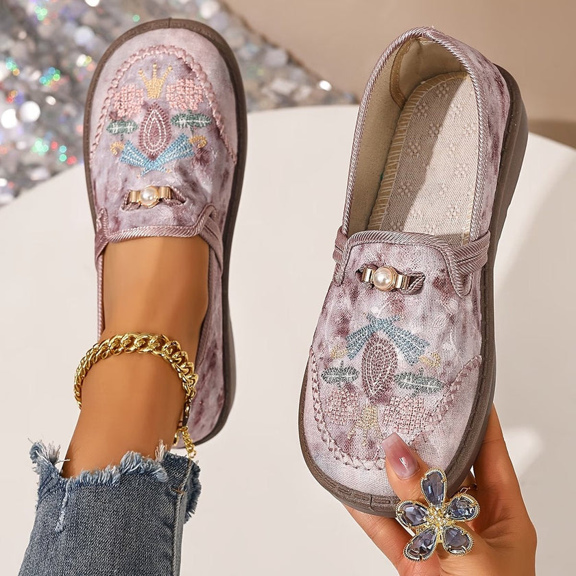Grace | Women's Embroidered Floral Pearl-Detail Slip-On Loafers
