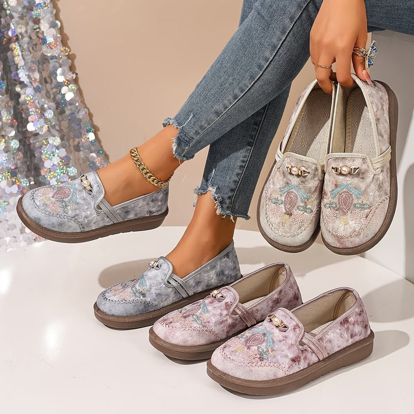 Grace | Women's Embroidered Floral Pearl-Detail Slip-On Loafers