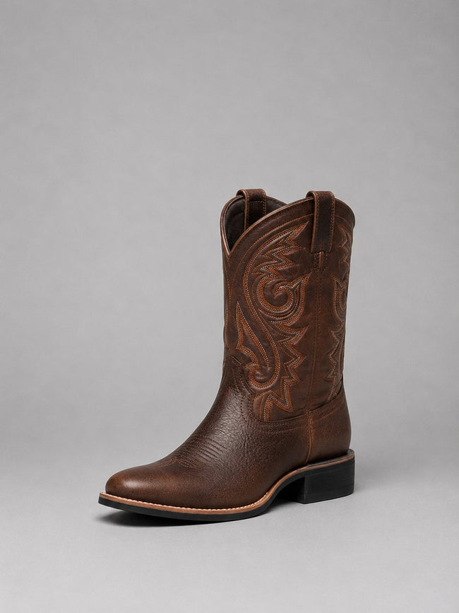 Western Boots Embroidered Leather Block Heel Round Toe Cowboy Boots | Pia