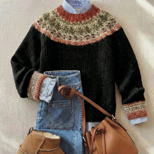 Sophia | Women's Fair Isle Nordic Knit Sweater Relaxed Fluffy Pullover with Striped for Autumn