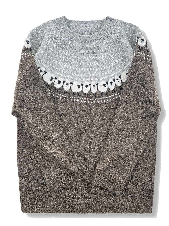 Mia | Women's Fair Isle Sheep Jacquard Thick-Knit Pullover Sweater with Nordic for Layering