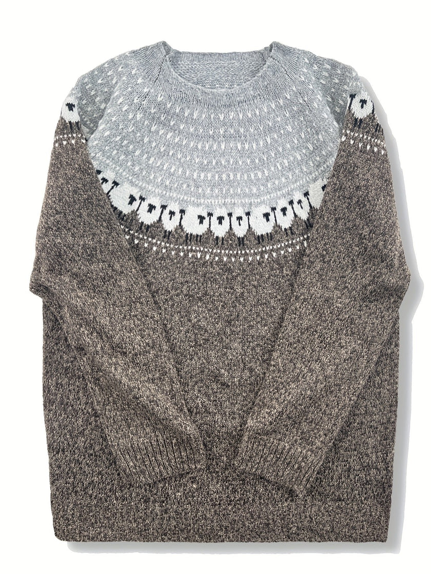 Mia | Women's Fair Isle Sheep Jacquard Thick-Knit Pullover Sweater with Nordic for Layering