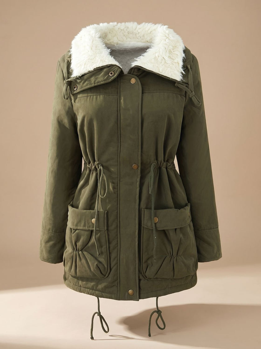Parka Jacket Insulated Faux Fur Collar Drawstring Mid Length Winter Coat | Alma