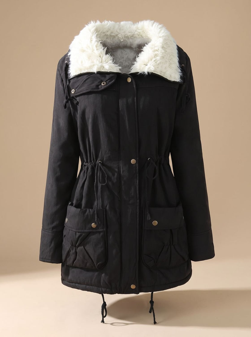 Parka Jacket Insulated Faux Fur Collar Drawstring Mid Length Winter Coat | Alma