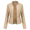 Faux Leather Jacket Women Fitted Stand Collar Moto Zip-Up
