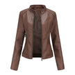 Faux Leather Jacket Women Fitted Stand Collar Moto Zip-Up