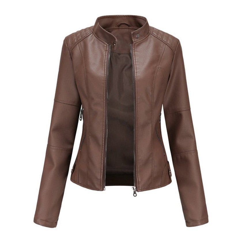 Faux Leather Jacket Women Fitted Stand Collar Moto Zip-Up
