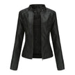 Faux Leather Jacket Women Fitted Stand Collar Moto Zip-Up