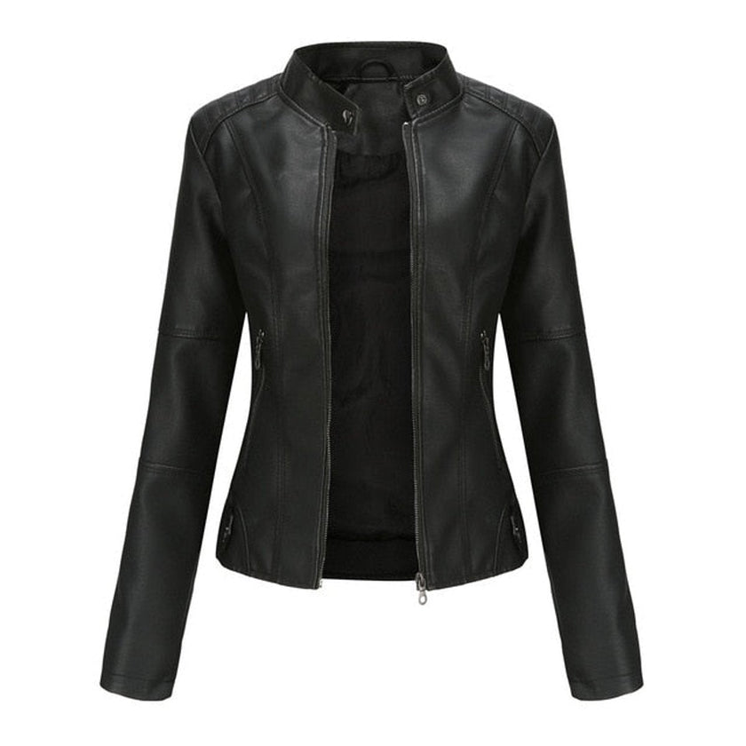 Faux Leather Jacket Women Fitted Stand Collar Moto Zip-Up