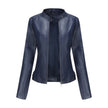 Faux Leather Jacket Women Fitted Stand Collar Moto Zip-Up