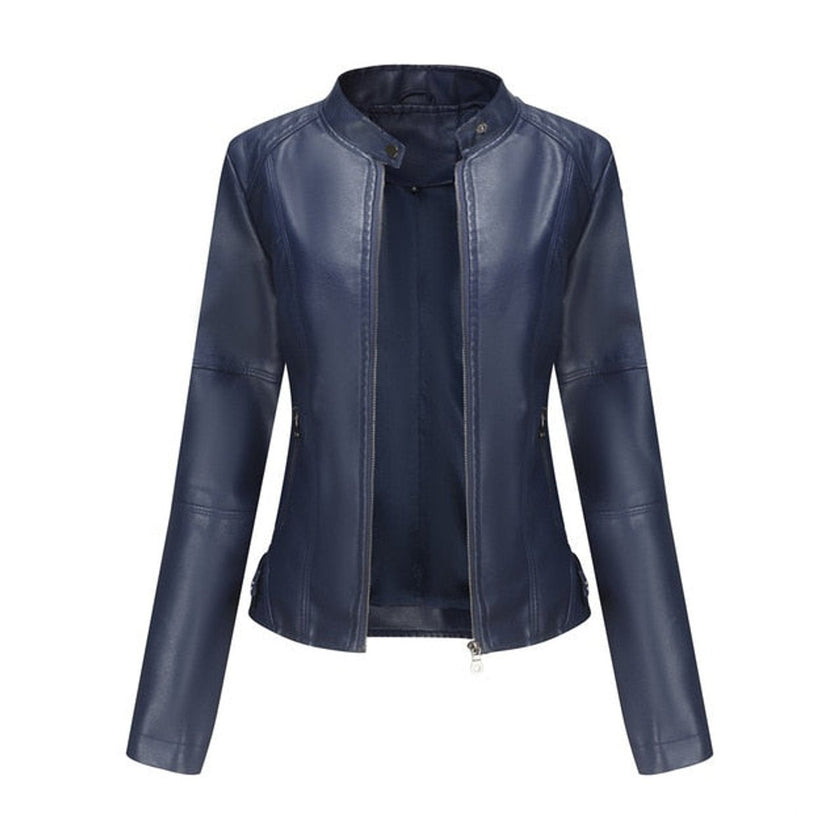 Faux Leather Jacket Women Fitted Stand Collar Moto Zip-Up