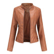 Faux Leather Jacket Women Fitted Stand Collar Moto Zip-Up