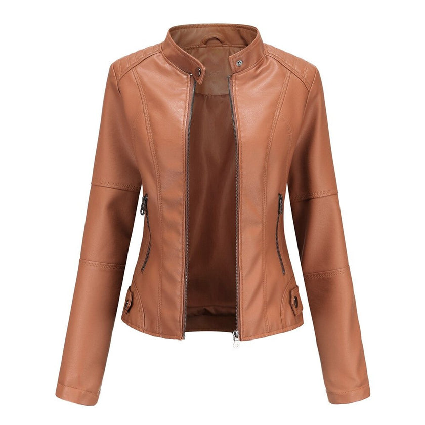 Faux Leather Jacket Women Fitted Stand Collar Moto Zip-Up