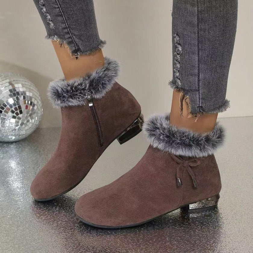 Isabella | Women's Faux Suede Fur-Trim Ankle Knee High Boots Flat
