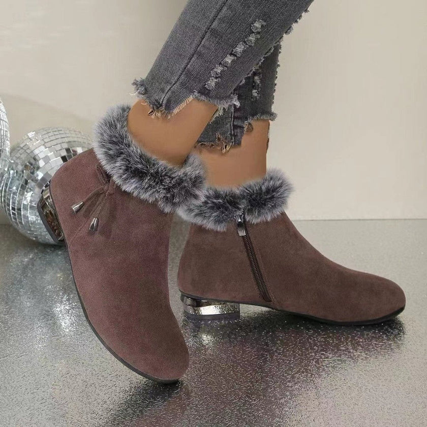 Isabella | Women's Faux Suede Fur-Trim Ankle Knee High Boots Flat