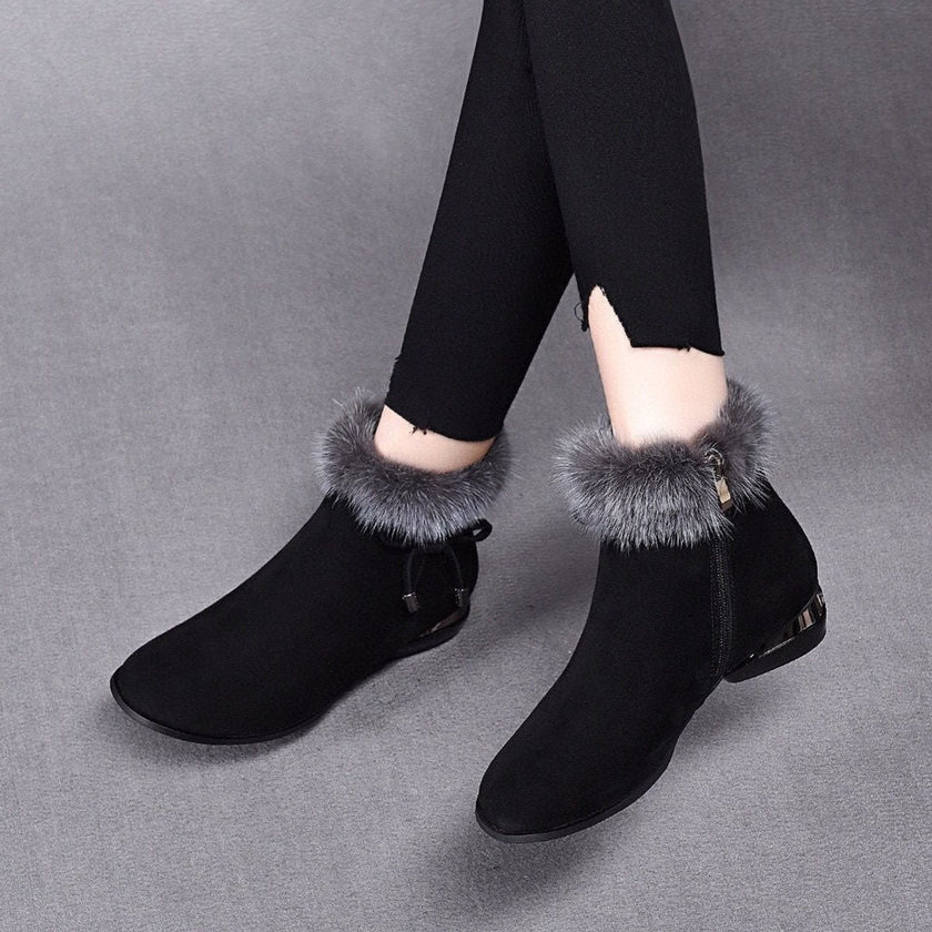 Isabella | Women's Faux Suede Fur-Trim Ankle Knee High Boots Flat