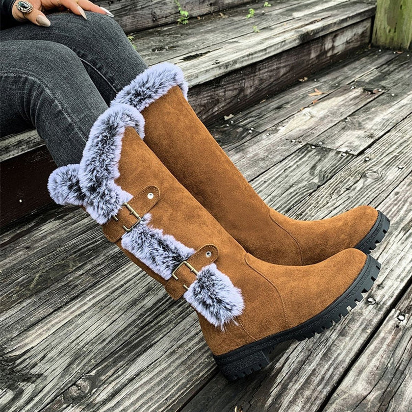 Emma | Women's Faux Suede Fur-Trimmed Buckle Knee High Boots