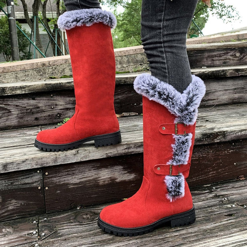 Emma | Women's Faux Suede Fur-Trimmed Buckle Knee High Boots