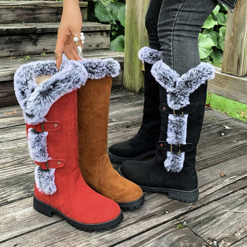 Emma | Women's Faux Suede Fur-Trimmed Buckle Knee High Boots
