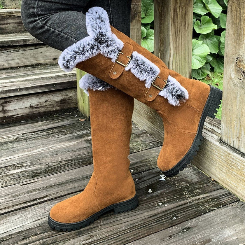 Emma | Women's Faux Suede Fur-Trimmed Buckle Knee High Boots
