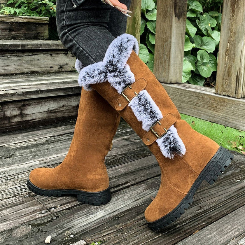 Emma | Women's Faux Suede Fur-Trimmed Buckle Knee High Boots