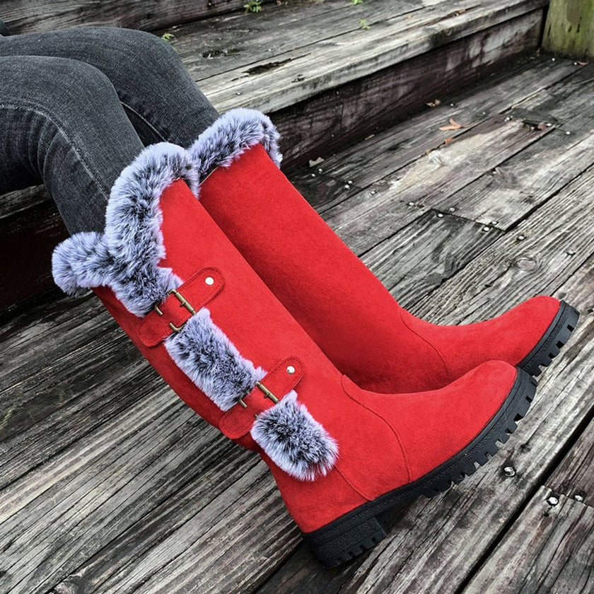 Emma | Women's Faux Suede Fur-Trimmed Buckle Knee High Boots