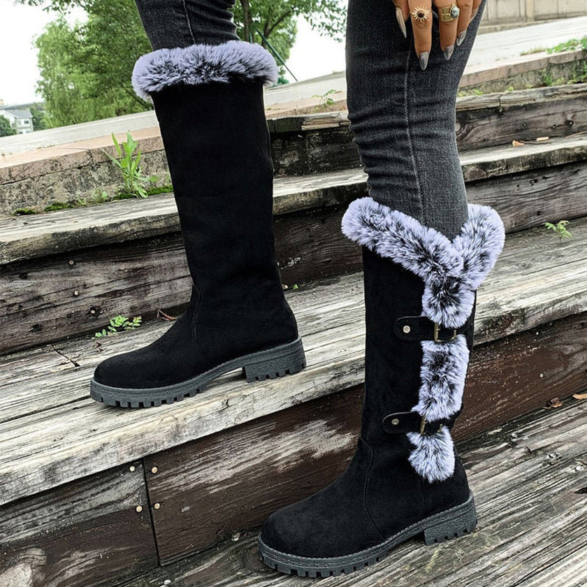 Emma | Women's Faux Suede Fur-Trimmed Buckle Knee High Boots