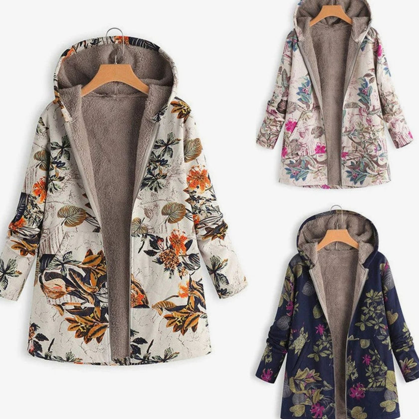 Amelia | Women's Long Floral Hooded Zip-Up Fleece Coat