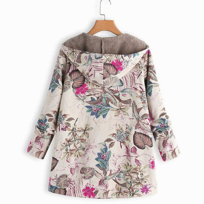 Amelia | Women's Long Floral Hooded Zip-Up Fleece Coat