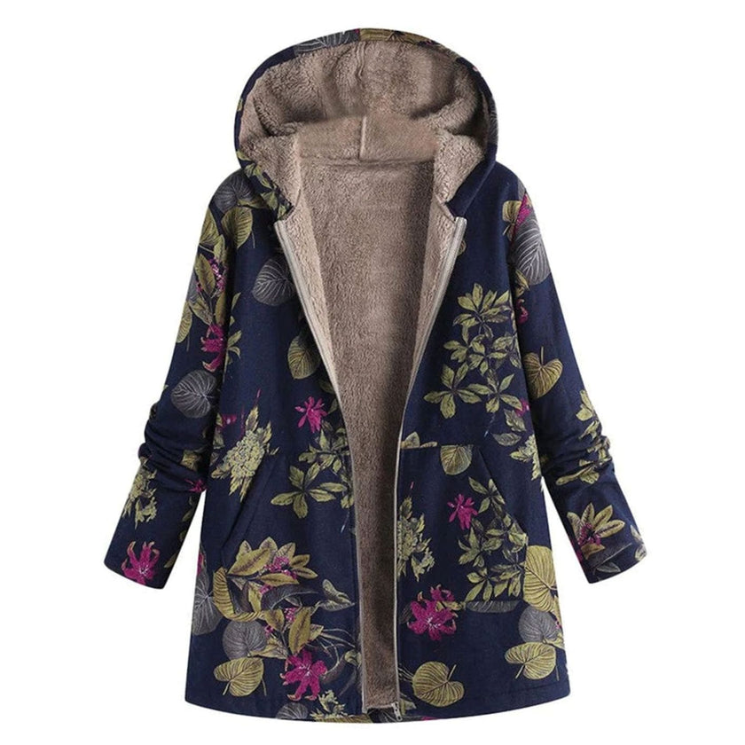 Amelia | Women's Long Floral Hooded Zip-Up Fleece Coat