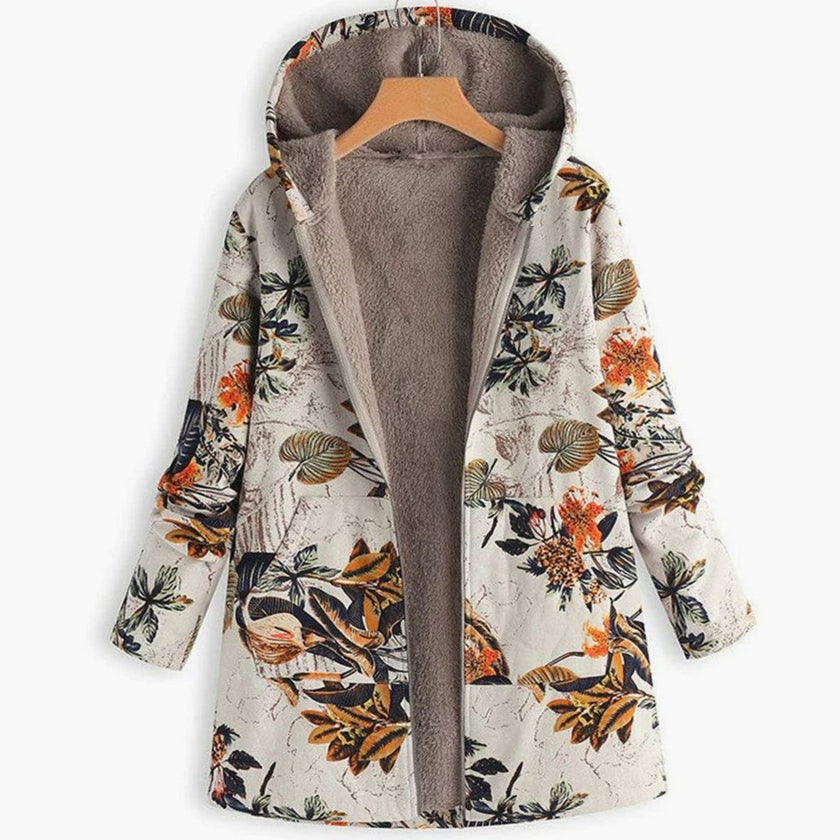 Amelia | Women's Long Floral Hooded Zip-Up Fleece Coat