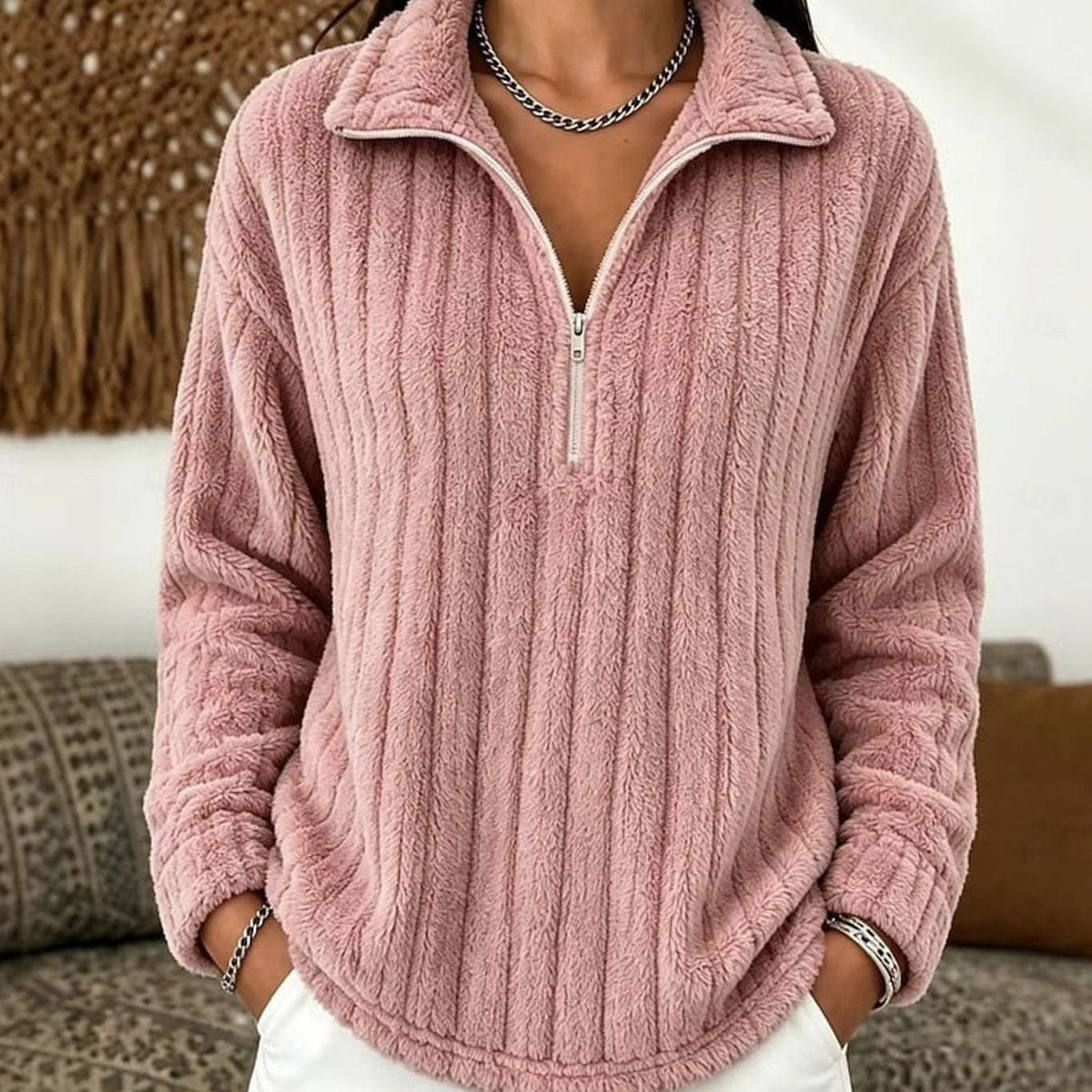 Plush Ribbed Fleece Quarter-Zip Pullover Sweater for Women | Evelyn