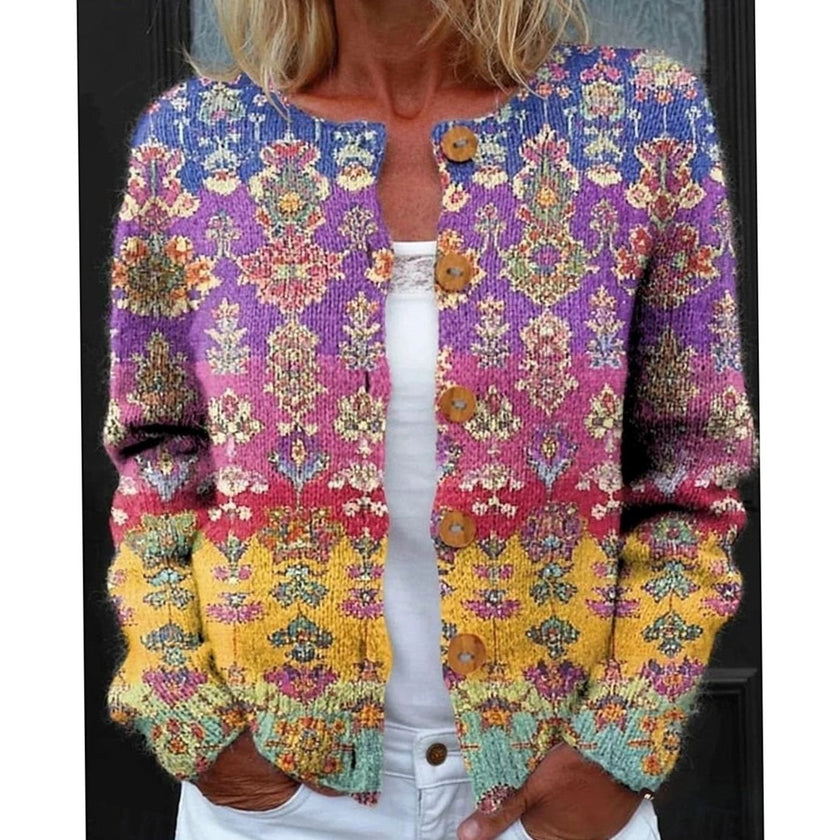 Penelope | Women's Floral Round-Neck Button-Front Cardigan Knit Sweater with Cozy for Layering