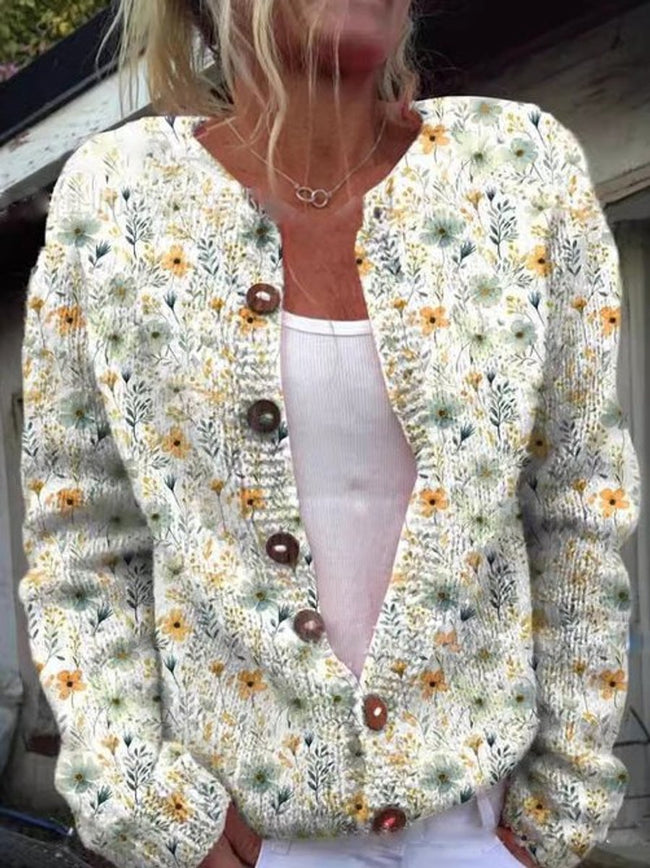 Mia | Women's Floral Embroidered Button-Front Knit Cardigan with Oversized for Layering